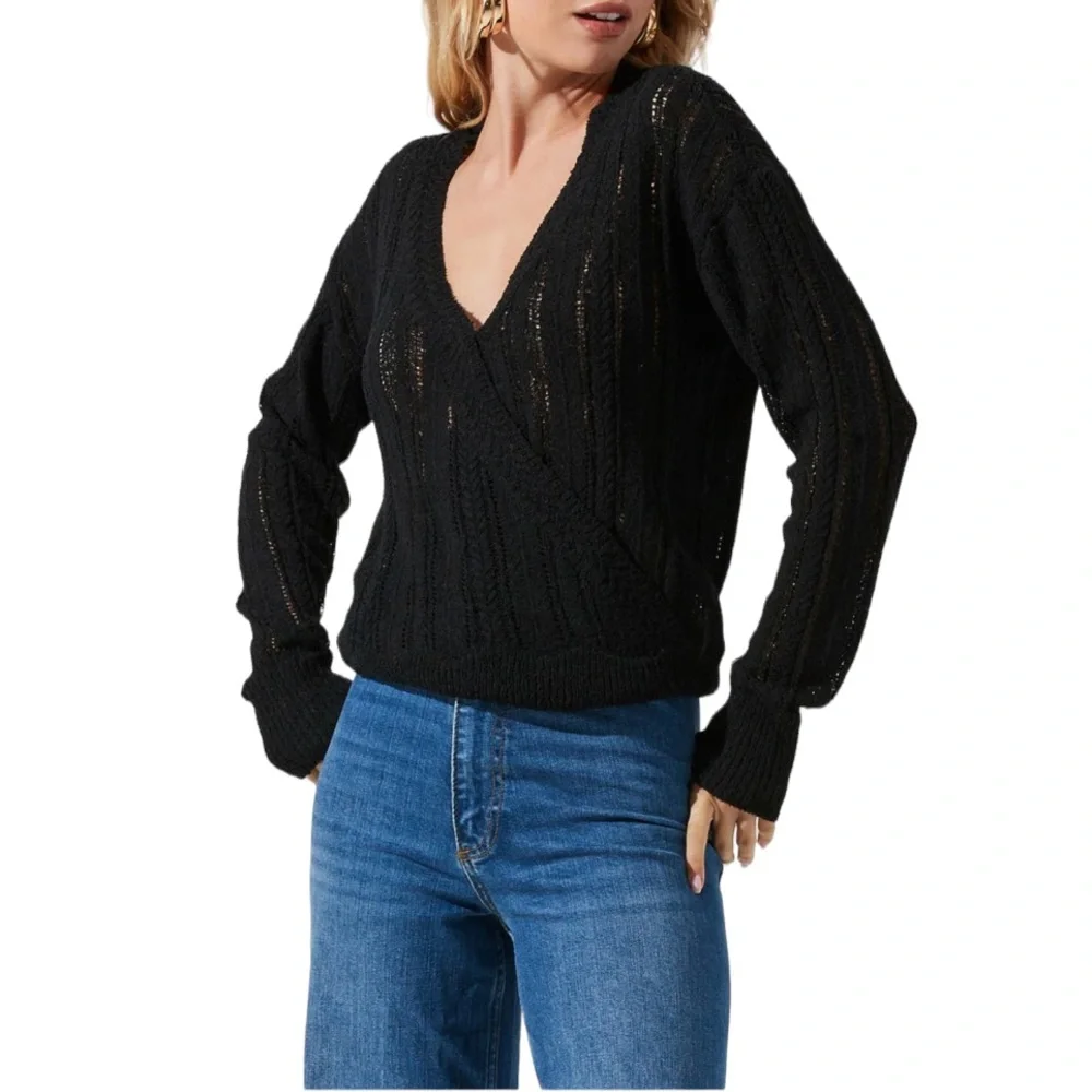 ASTR the Label Black Faux Wrap Pointelle Knit Sweater - Picture 2 of 16
